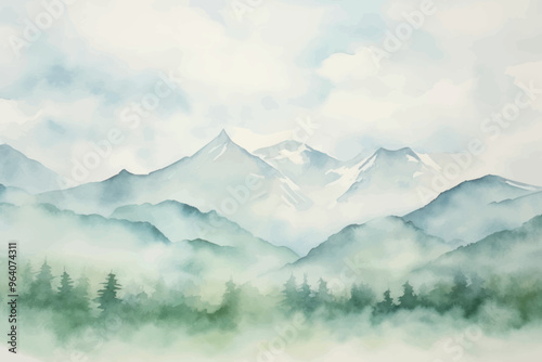 Serene watercolor mountain landscape