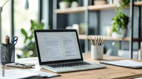 Minimalist desk with a laptop screen displaying a document with various abbreviations highlighted, surrounded by modern office accessories