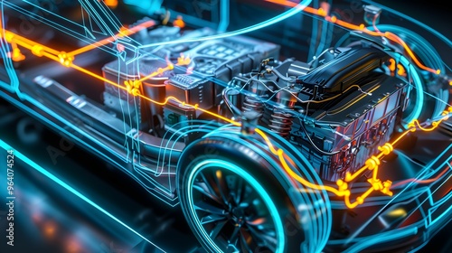 highly detailed 3D rendering of the inside of a modern electric car, with a focus on the intricate internal components and energy flow