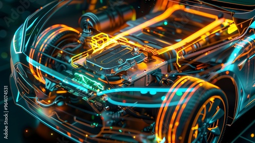 highly detailed 3D rendering of the inside of a modern electric car, with a focus on the intricate internal components and energy flow