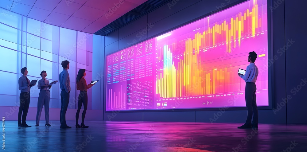 Business people are looking at a large screen with financial data. Business people are looking at a large screen with financial data.