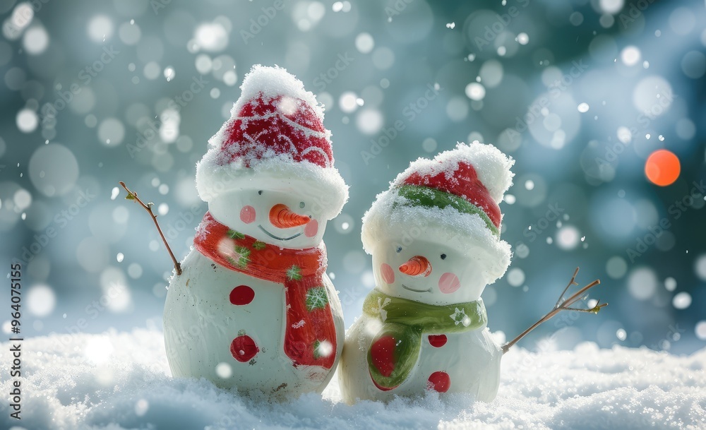 Fototapeta premium Snowmen Friends Enjoying a Winter Snowfall