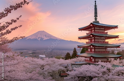 Majestic Mount Fuji with Cherry Blossoms at Sunset