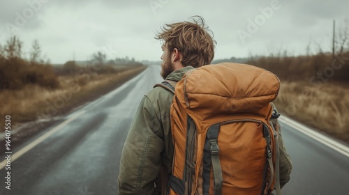 A traveler with a large backpack strolls down an empty rural road under overcast skies photo