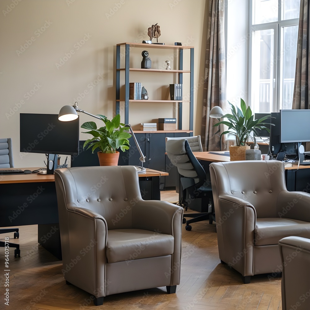 Fototapeta premium Interior of an office with desks, sofas, computer monitors, and a shelf by the window 