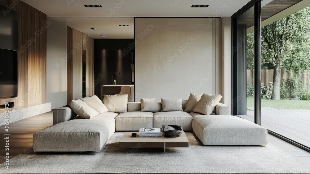 Modern living room with clean lines and neutral colors Modern living room with clean lines and neutral colors