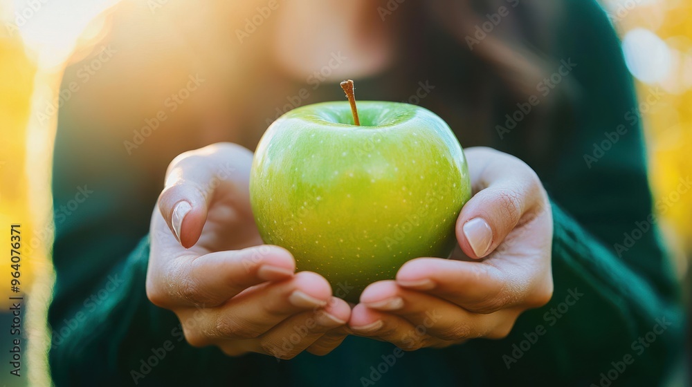 Person holding a shiny green apple with a bright smile Person holding a shiny green apple with a bright smile