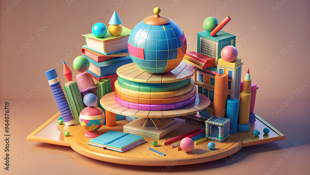 Highly Detailed 3D Model of a Stack of Colorful Books, with a Floating Globe and School Supplies Around It Highly Detailed 3D Model of a Stack of Colorful Books, with a Floating Globe and School Supplies Around It