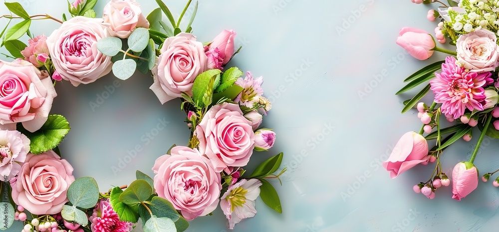 A pink flower wreath and a bouquet of pink flowers on a blue background. Perfect for spring, Mother's Day, weddings, and other celebrations.