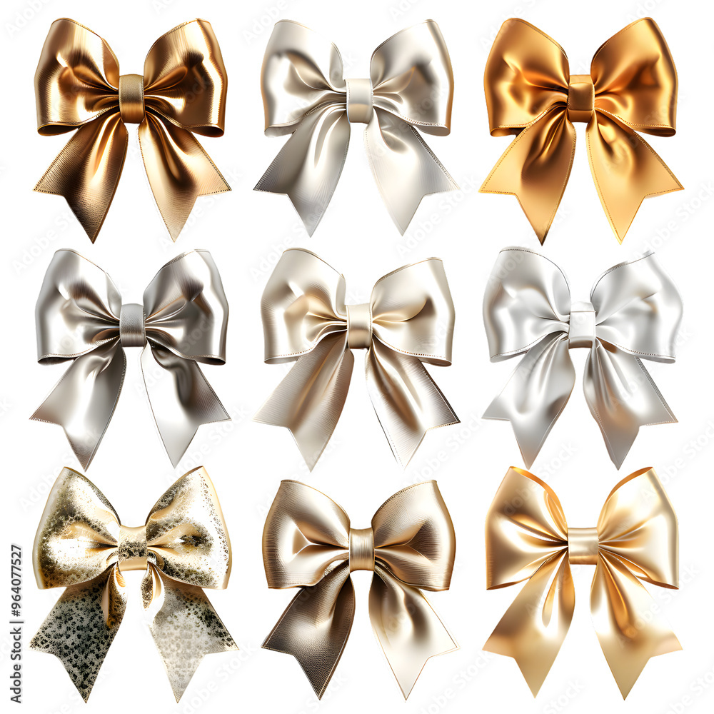 Collection of shiny gold and silver bows isolated on transparent background Collection of shiny gold and silver bows isolated on transparent background
