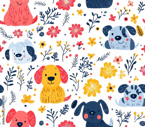 Seamless pattern of cute dog with colorful flowers on a white background, cartoon style. Generative AI