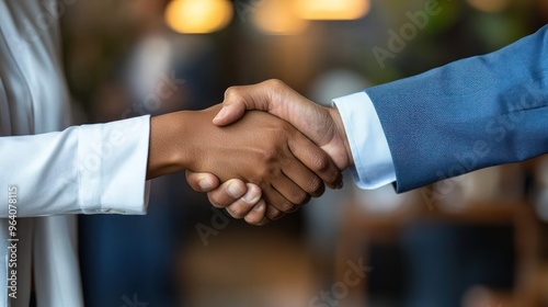 Professional business person shaking hands with a client in a modern office, conveying trust and assurance with warm smiles and confident body language