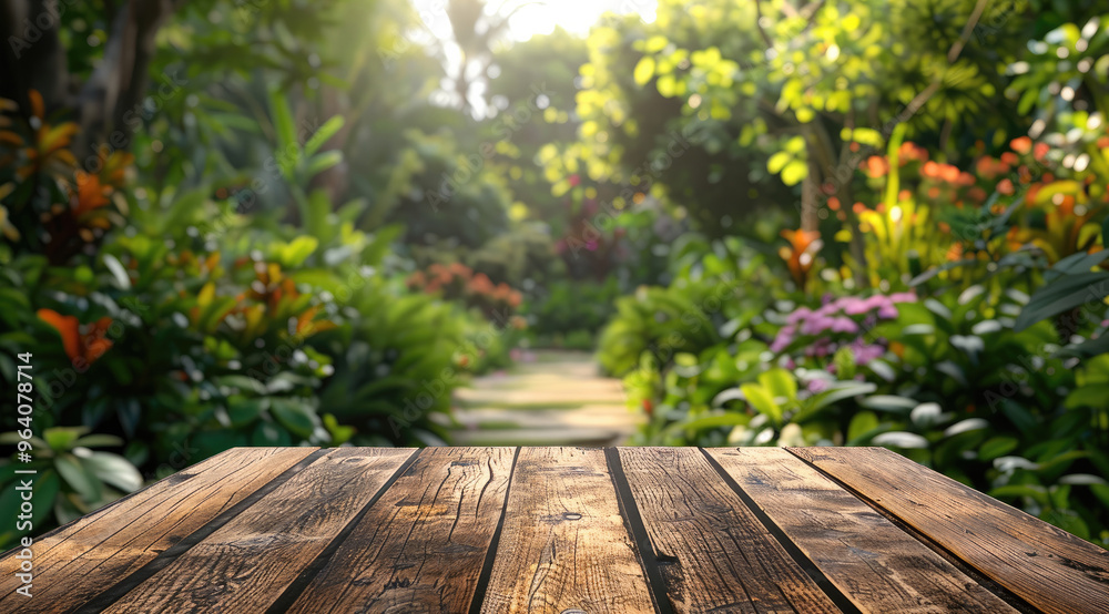 Wide angle blurred garden and on middle an empty table on focus for product presentation. Generative AI. Wide angle blurred garden and on middle an empty table on focus for product presentation. Generative AI.