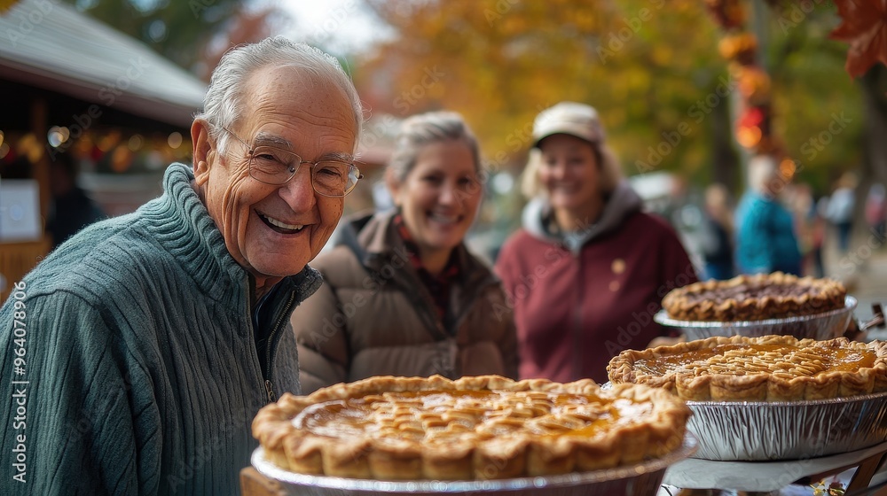 Thanksgiving pie-baking contest in a town square with people of all ages showcasing their creations smiling judges and autumn decorations Thanksgiving pie-baking contest in a town square with people of all ages showcasing their creations smiling judges and autumn decorations