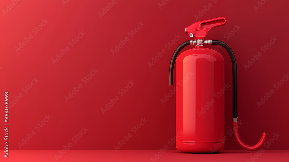 Obraz premium A bright red fire extinguisher stands against matching red background, symbolizing safety and preparedness.