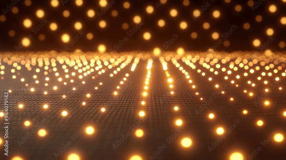 Fototapeta premium Abstract Golden Glowing Dots On Grid With Depth Perspective