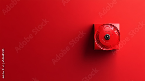 Fire alarm siren box with alert design on vibrant red background.