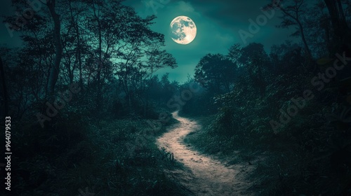 Moonlit pathway through dense forest