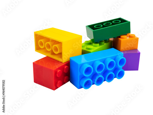 Fototapeta Naklejka Na Ścianę i Meble -  Colorful Plastic toy blocks isolated on white background.