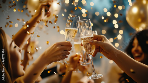 Vibrant New Year's Eve party with champagne toast and confetti photo