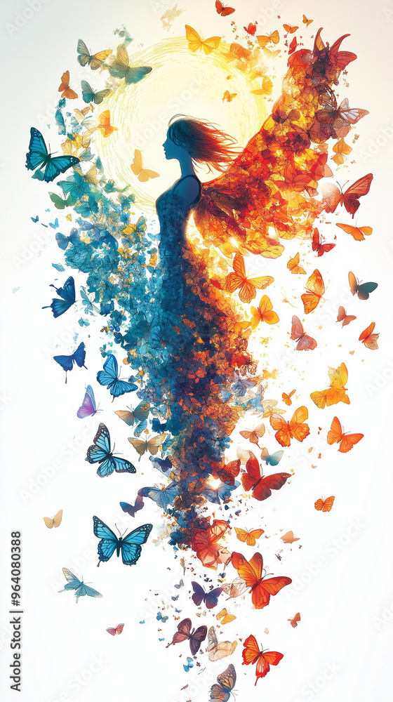 Obraz premium A cartoon angel with translucent butterfly wings in vibrant colors glides through the air, her glowing wings and halo radiating calm and beauty.