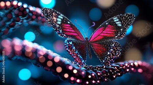 A vibrant butterfly perched gracefully on sparkling twirls of light, showcasing colorful patterns against a dreamy backdrop.