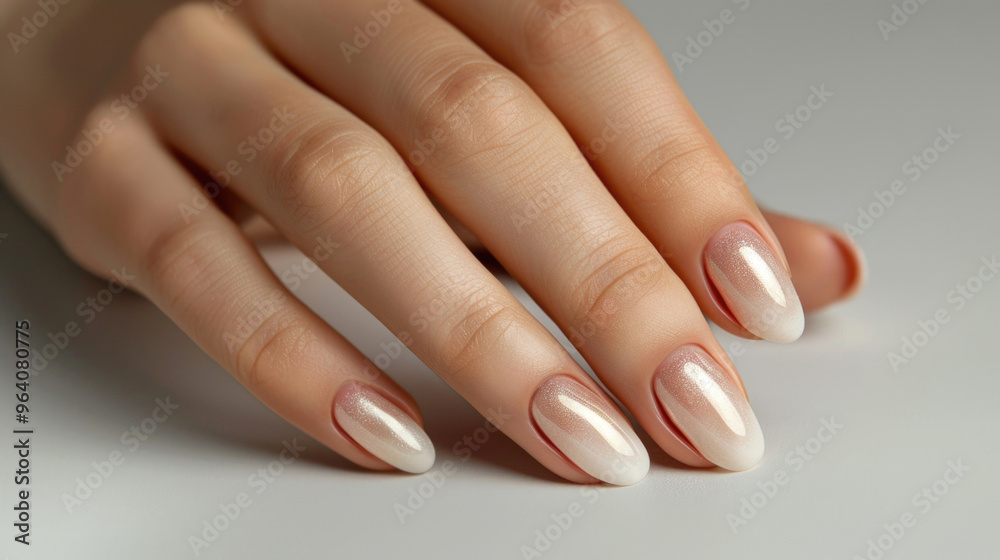 Elegant Manicured Hand with Gradient White and Pink Nail Polish on a Smooth Background Elegant Manicured Hand with Gradient White and Pink Nail Polish on a Smooth Background