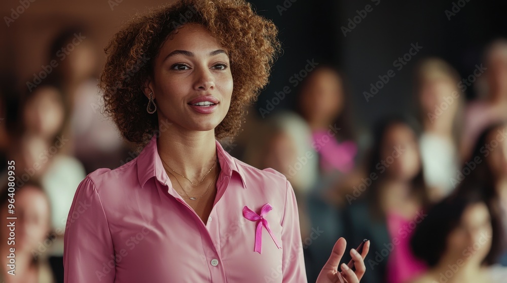 Fototapeta premium A dynamic shot of a woman giving a powerful speech at a breast cancer awareness conference, wearing a pink blouse and a ribbon pin, gesturing passionately, with an attentive audience taking notes and
