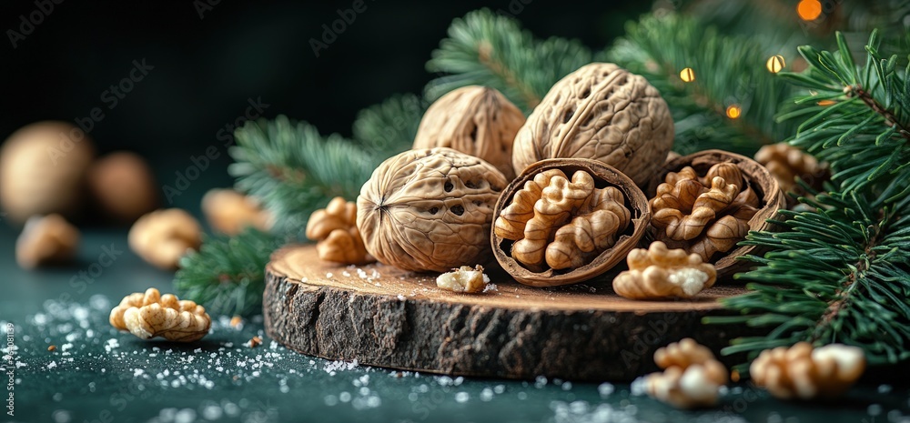 Walnuts on a wooden board with pine branches and snow.