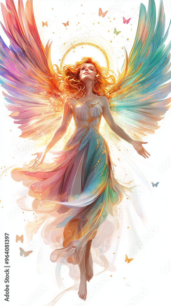 Obraz premium A cartoon angel with translucent butterfly wings in vibrant colors glides through the air, her glowing wings and halo radiating calm and beauty.