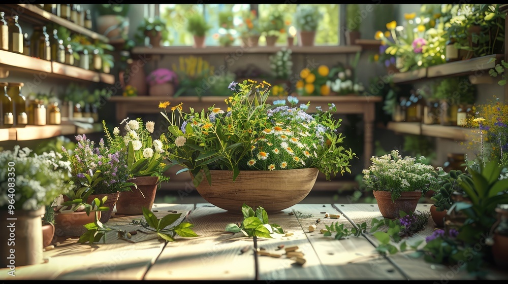 Fototapeta premium Home herbalist, Aromatic herbs growing on the kitchen table. Generative AI.