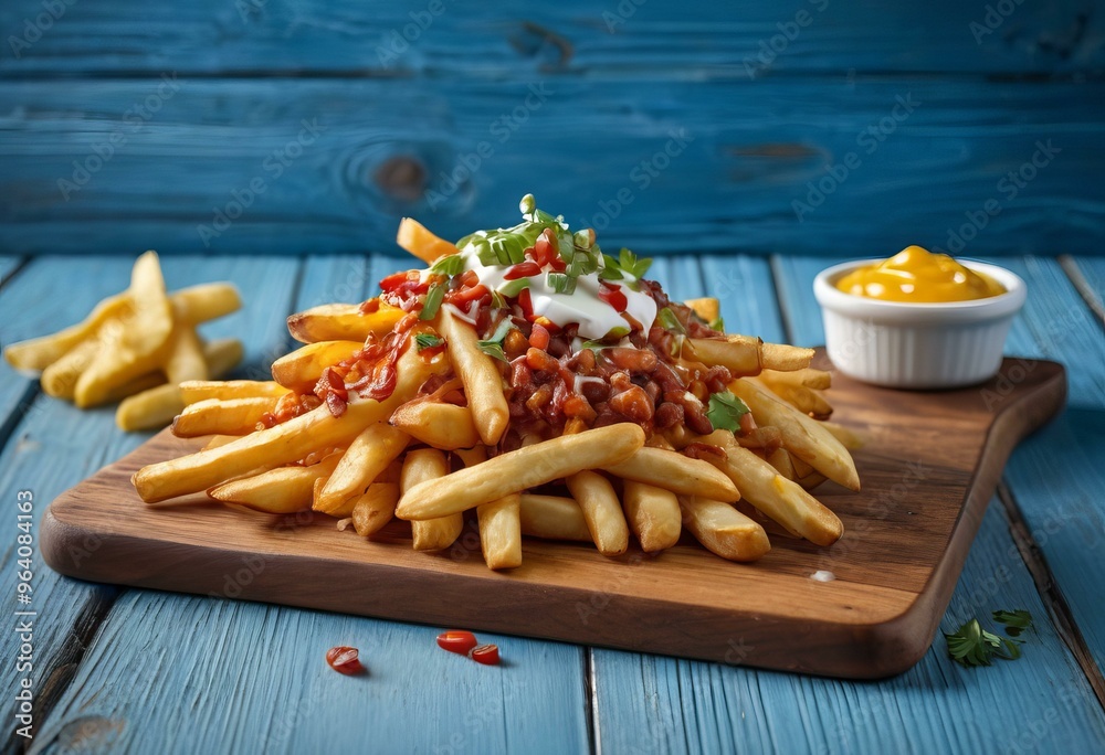 Fries with Chili Sauce, Sour Cream, and Green Herbs on Vibrant Blue Background Fries with Chili Sauce, Sour Cream, and Green Herbs on Vibrant Blue Background