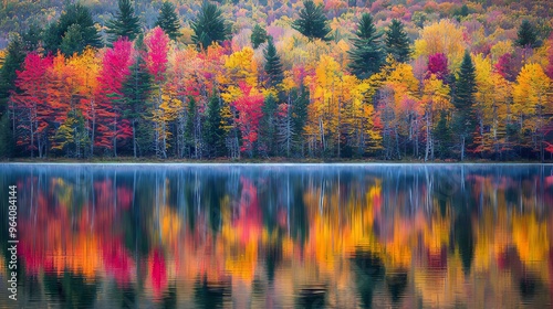 A vibrant autumnal forest reflected in a calm lake with a misty fog.