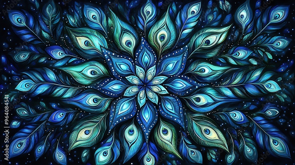 A vibrant, intricate pattern of blue and green leaves, forming a stunning floral mandala design on a dark background. A vibrant, intricate pattern of blue and green leaves, forming a stunning floral mandala design on a dark background.