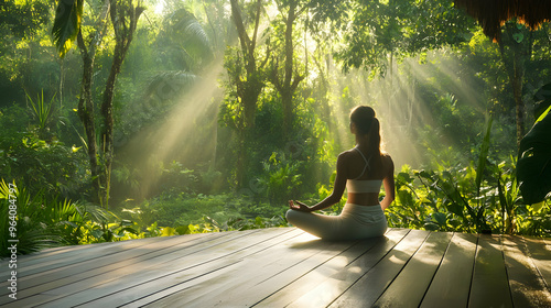 A serene woman enjoying her morning yoga routine on a wooden deck surrounded by lush green nature with soft sunlight streaming through the trees