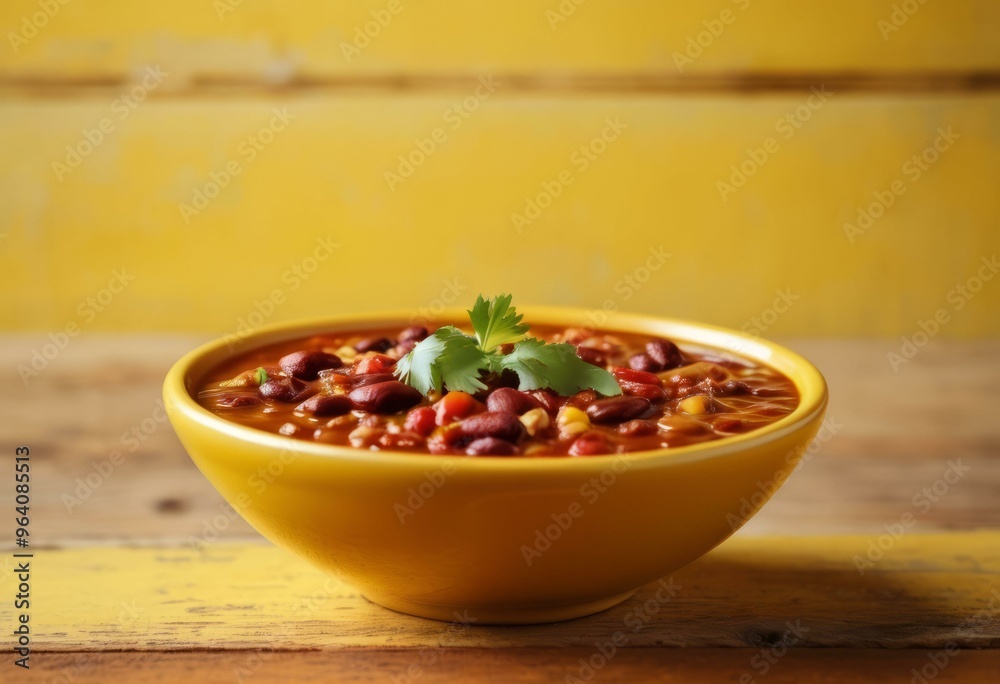 Mexican Three Bean Chili with Cilantro on Yellow Background Mexican Three Bean Chili with Cilantro on Yellow Background