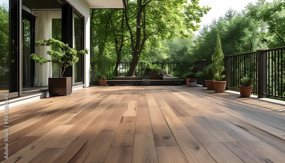 A serene wooden deck equipped with a table and chairs, perfect for enjoying meals or gatherings outdoors A serene wooden deck equipped with a table and chairs, perfect for enjoying meals or gatherings outdoors