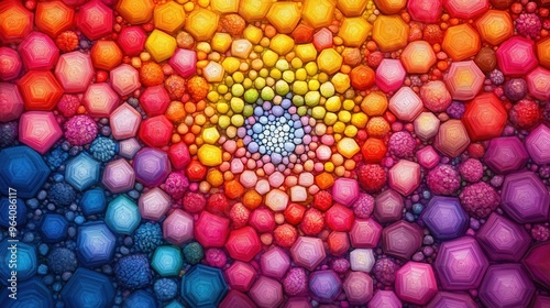 Colorful abstract design featuring vibrant hexagonal shapes in a mesmerizing spiral pattern, perfect for artistic projects.