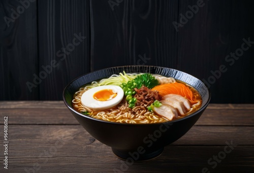 Ramen with Chicken, Egg, Carrots, and Sesame Seeds on Dark Wooden Background