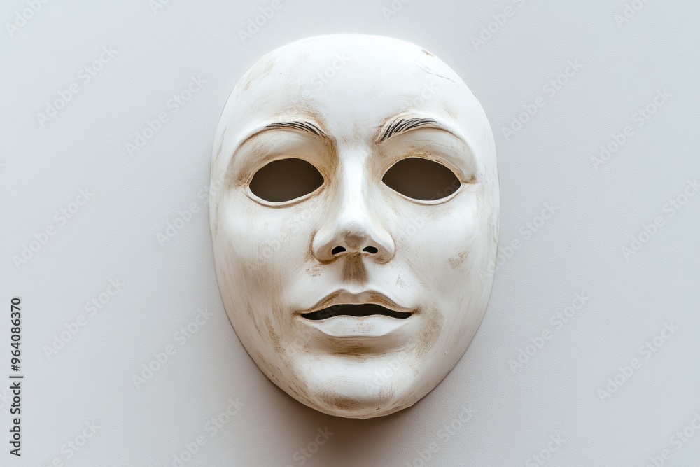 Mysterious white mask on plain background with shadow details Mysterious white mask on plain background with shadow details