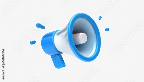 Blue megaphone isolated on a white background featuring a 3D icon representing communication and sound equipment used for announcements and internet-related purposes