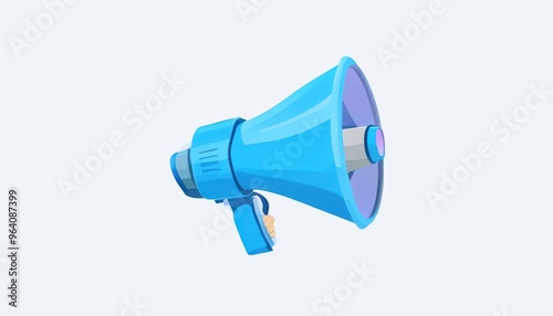 A 3D megaphone isolated on a white background used for loud announcements and communication, featuring a blue speaker horn and hand grip