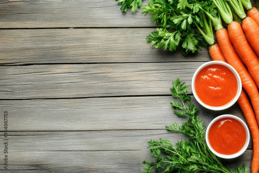 Fresh carrot soup with parsley on wooden background Fresh carrot soup with parsley on wooden background