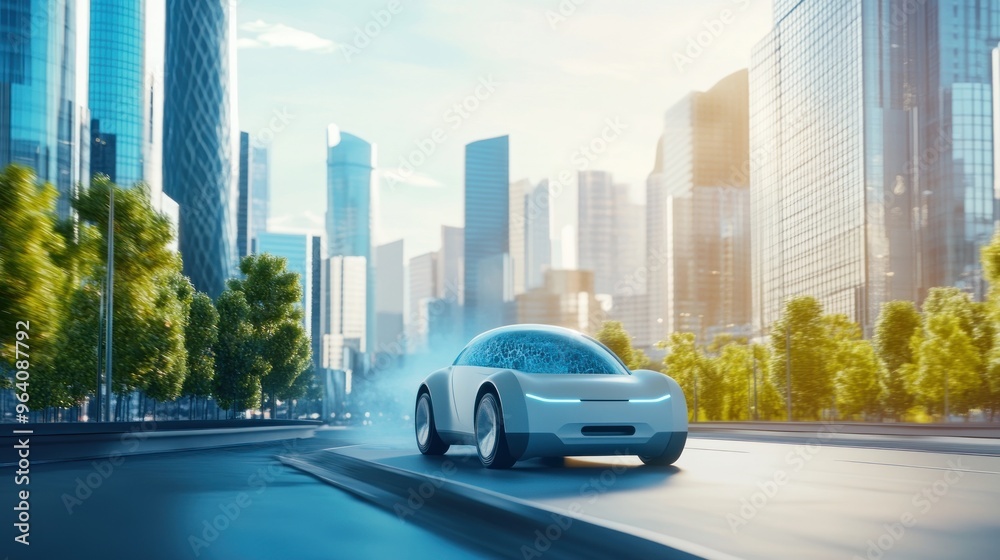 A hydrogen vehicle driving through a clean city, with water vapor emissions, representing the future of transportation A hydrogen vehicle driving through a clean city, with water vapor emissions, representing the future of transportation