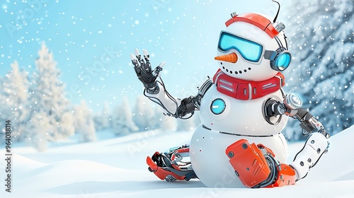 A cheerful robotic snowman relaxing in a snowy landscape, wearing headphones and a festive hat, perfect for winter-themed content. photo