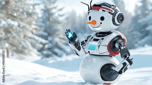 A whimsical robot snowman in a snowy landscape, combining technology with winter charm, perfect for festive themes. photo