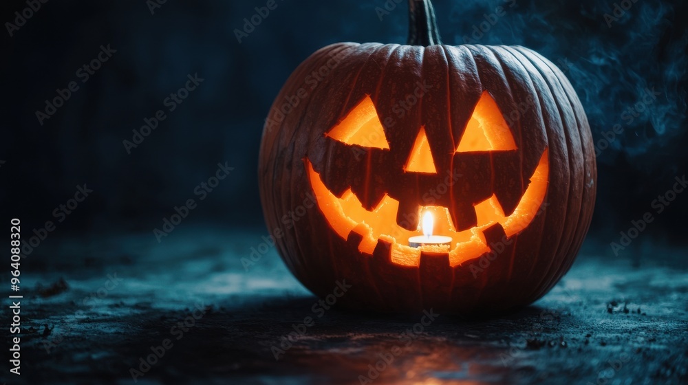 Naklejka premium A close-up of a carved pumpkin with an eerie face and candlelight glowing from within against a dark background