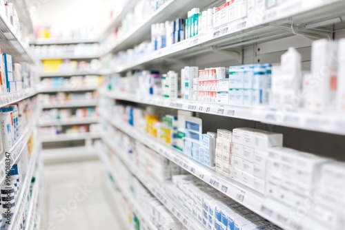 High-Angle View of Pharmacy Shelves Displaying Various Medical Products, Bright and Clean with Space for Text. Captured in High Resolution with Canon EOS, Featuring Shallow Depth of Field and Natural 