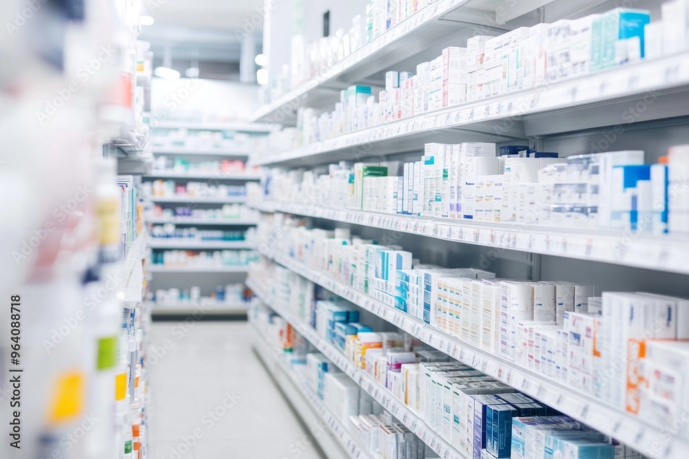 High-Angle View of Pharmacy Shelves Displaying Various Medical Products, Bright and Clean with Space for Text. Captured in High Resolution with Canon EOS, Featuring Shallow Depth of Field and Natural High-Angle View of Pharmacy Shelves Displaying Various Medical Products, Bright and Clean with Space for Text. Captured in High Resolution with Canon EOS, Featuring Shallow Depth of Field and Natural
