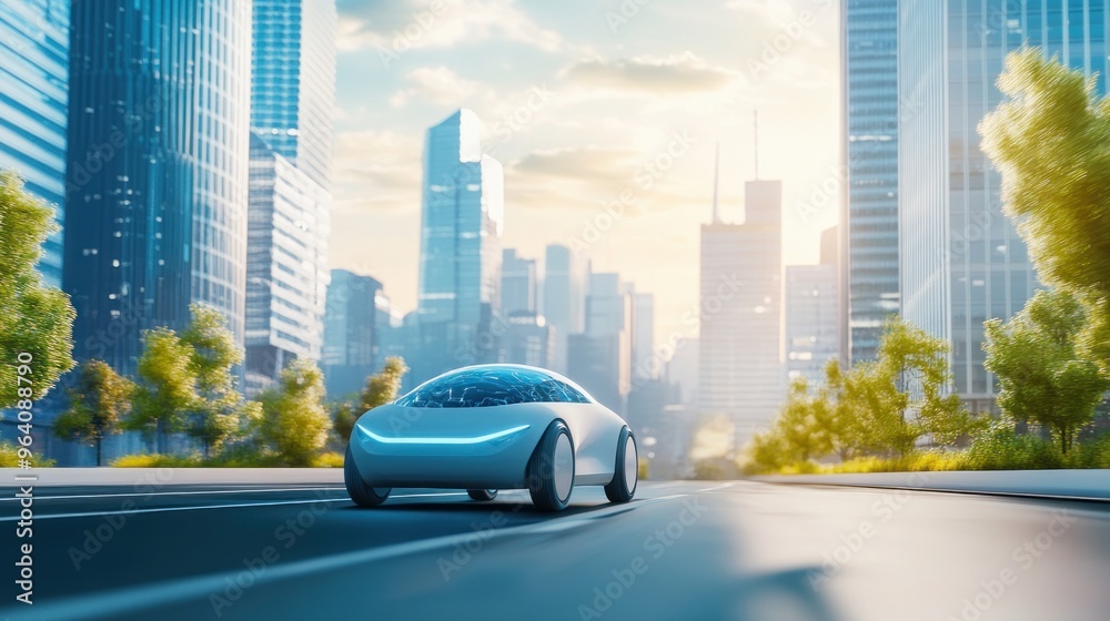 Naklejka premium A hydrogen vehicle driving through a clean city, with water vapor emissions, representing the future of transportation